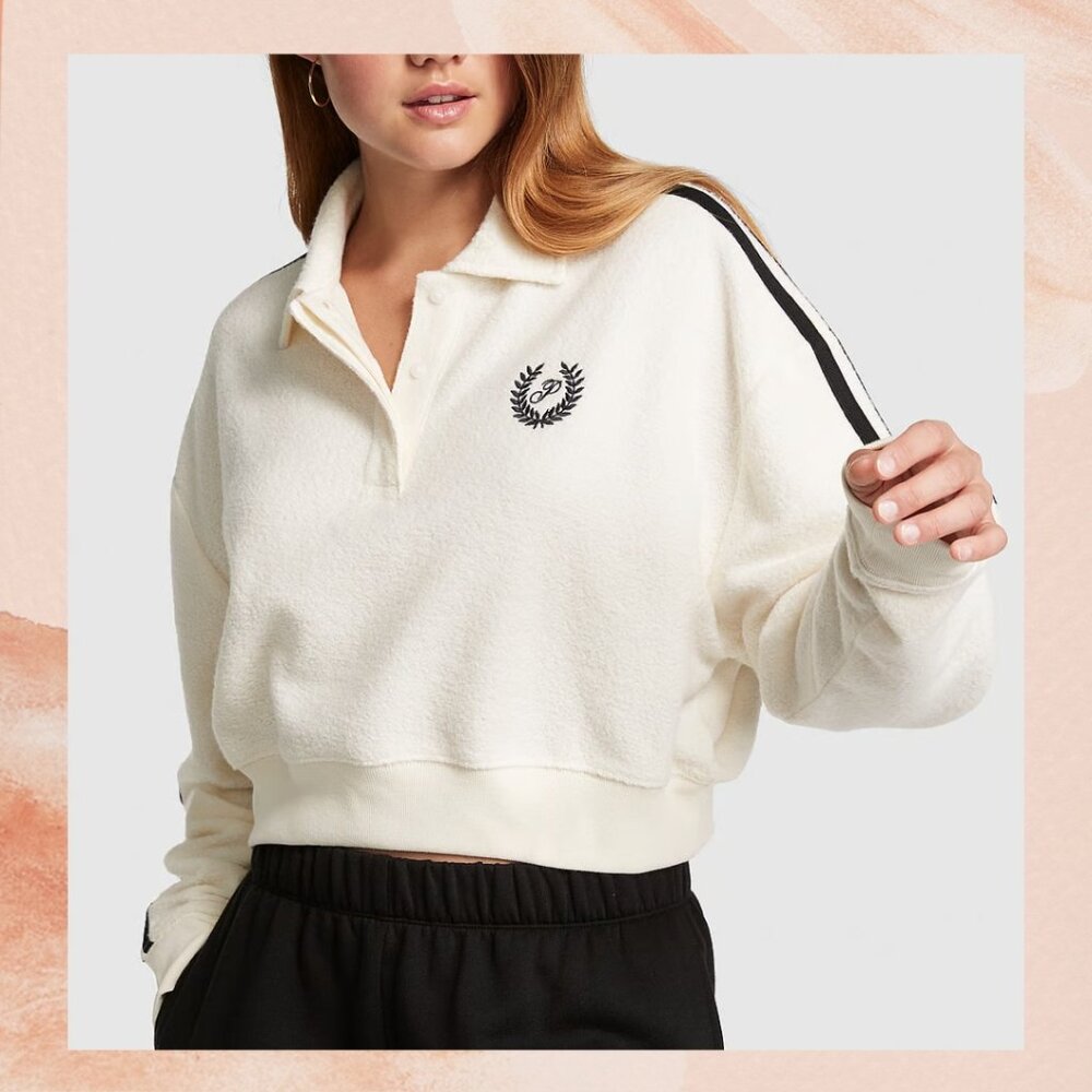 PINK Cream Reverse Fleece Cropped Polo Sweatshirt